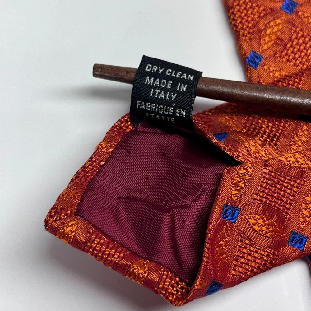 The‎ Player Silk Men's Necktie Orange Jacquard Geometric Blue Diamonds Italy